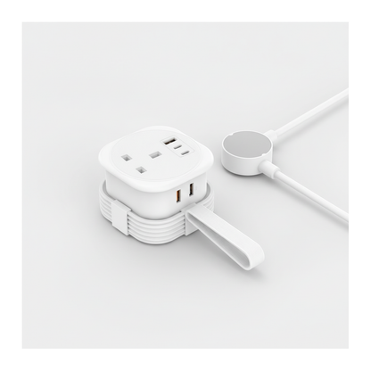 Budi 33W Charging Station 2 x USB-C PPS and USB-A with UK Plug Sockets - studio shot