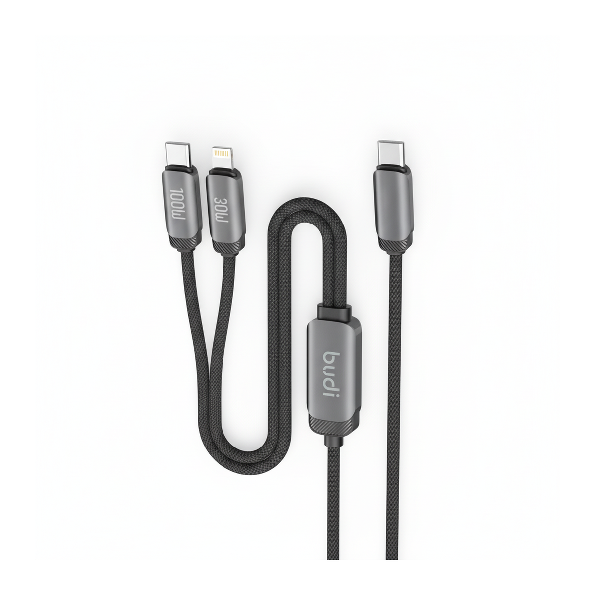 Budi 1.2M USB-C to USB-C and 8Pin Cable 2 in 1 100W PD Braided - top view