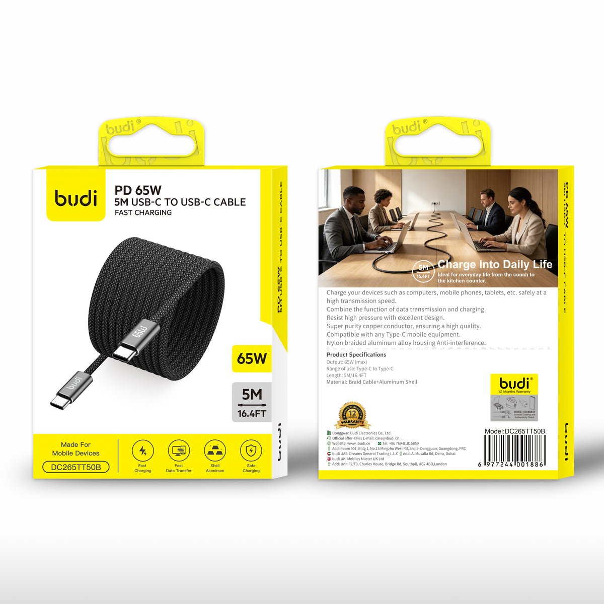 Budi 5M USB-C to USB-C Cable 65W PD Braided Long Charging Cable Cable FoneFunShop