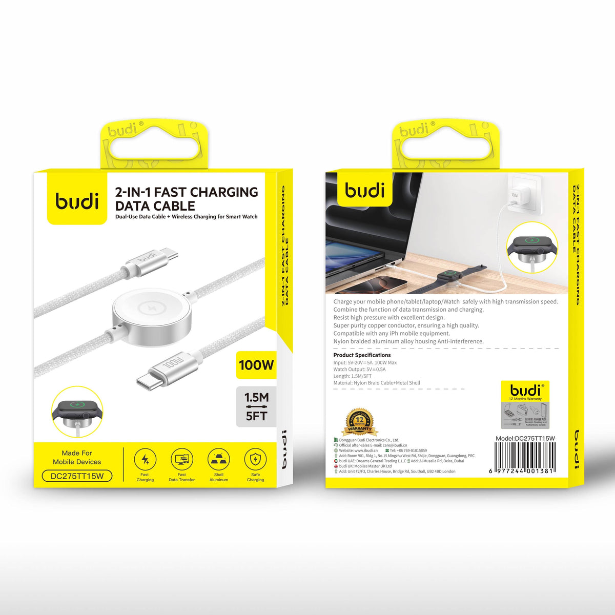 Budi 1.5M USB-C Cable 100W with Magnetic Smart Watch Charger White Cable FoneFunShop