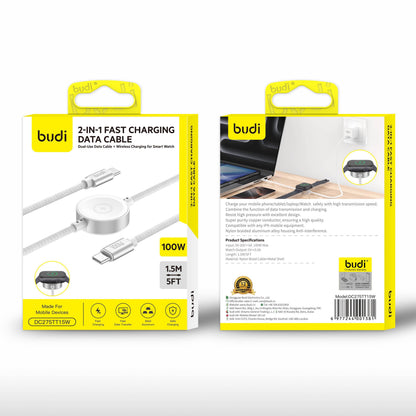 Budi 1.5M USB-C Cable 100W with Magnetic Smart Watch Charger White Cable FoneFunShop