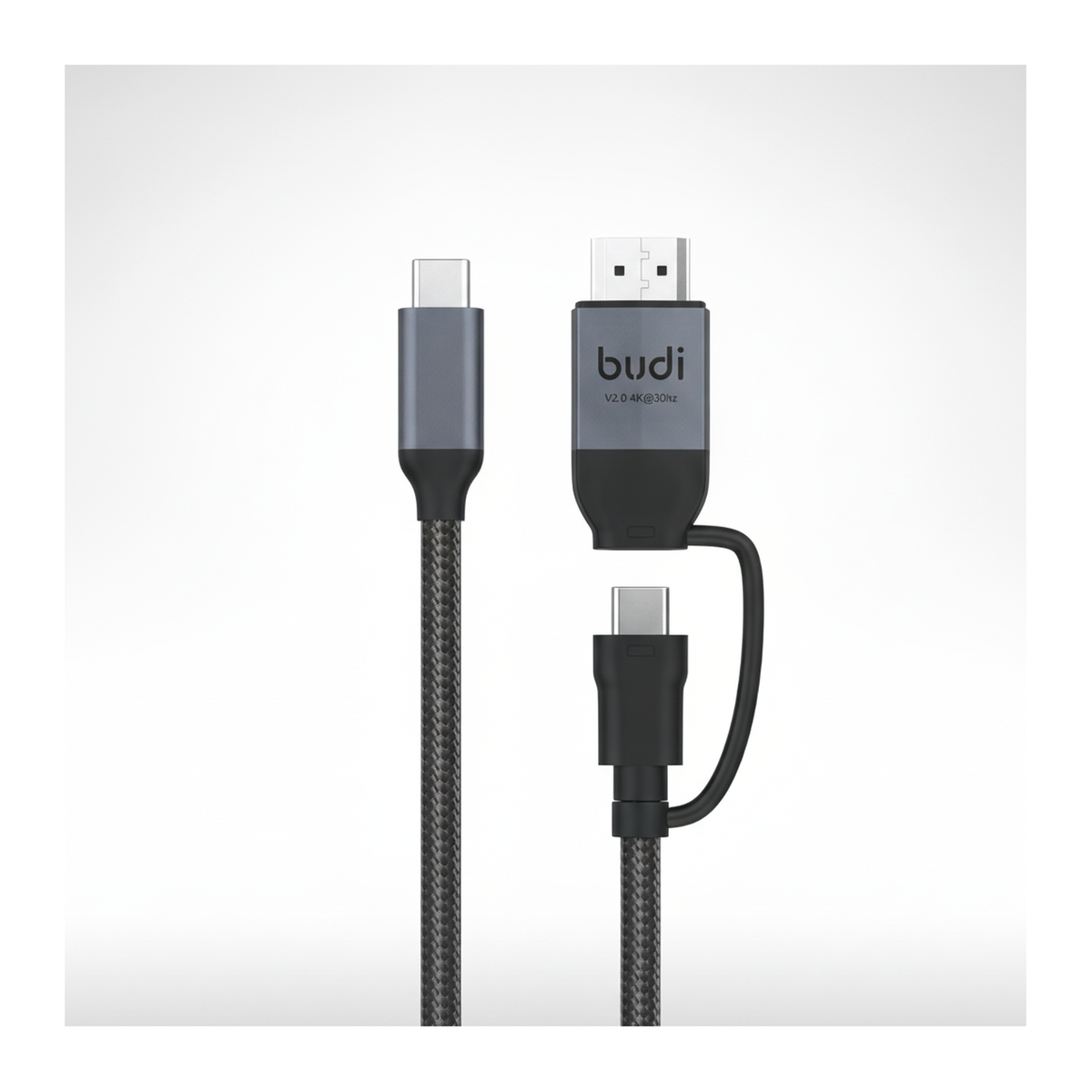 Budi USB-C to USB-C and 4K HDMI Cable 2M Braided 10Gbps 65W Charging - studio shot