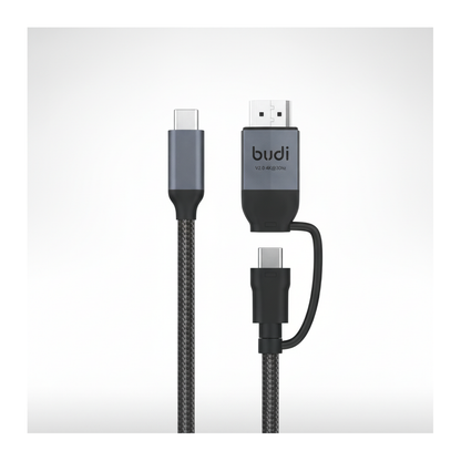 Budi USB-C to USB-C and 4K HDMI Cable 2M Braided 10Gbps 65W Charging - studio shot