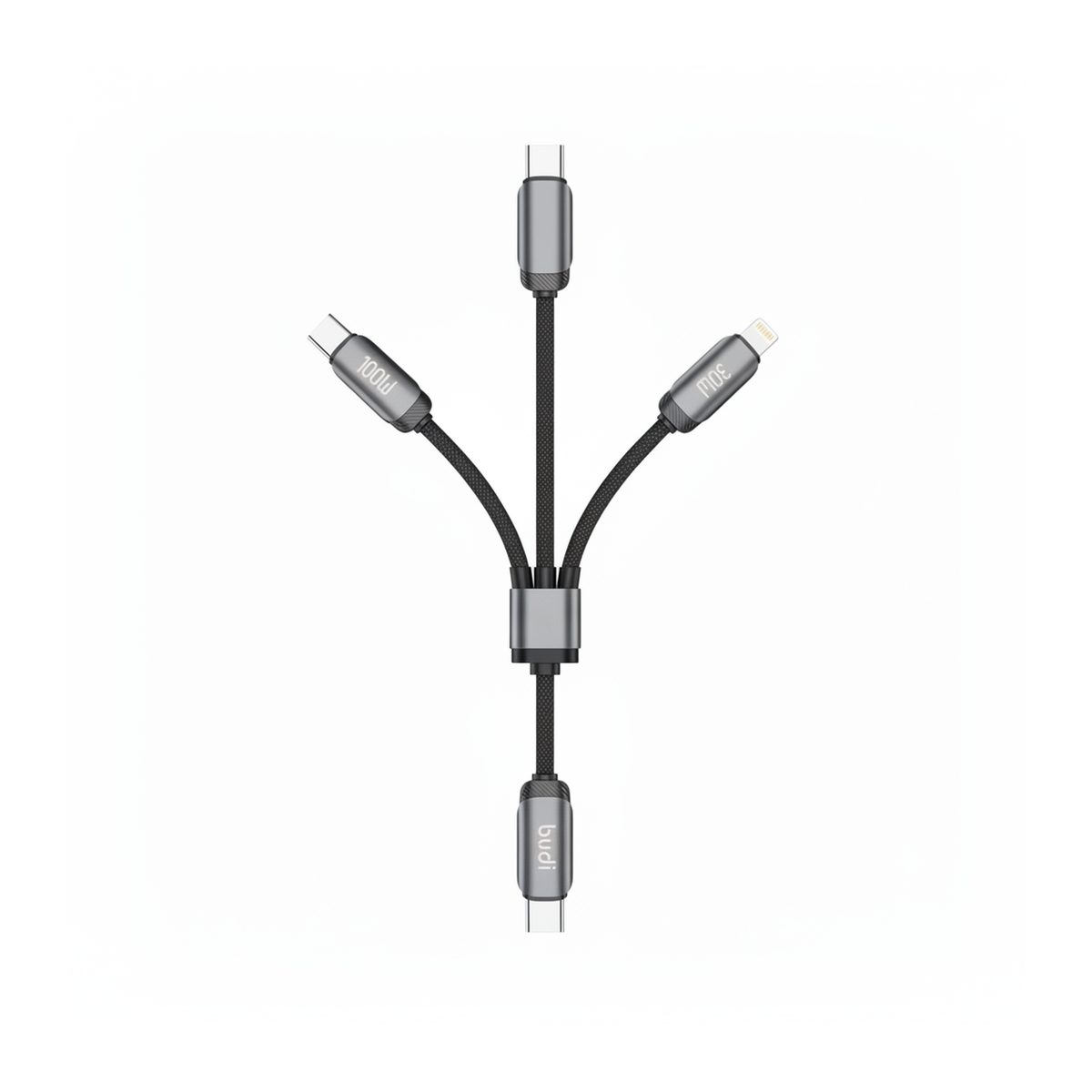 Budi 1.2M USB-C to USB-C and 8Pin Cable 2 in 1 100W PD Braided - top view