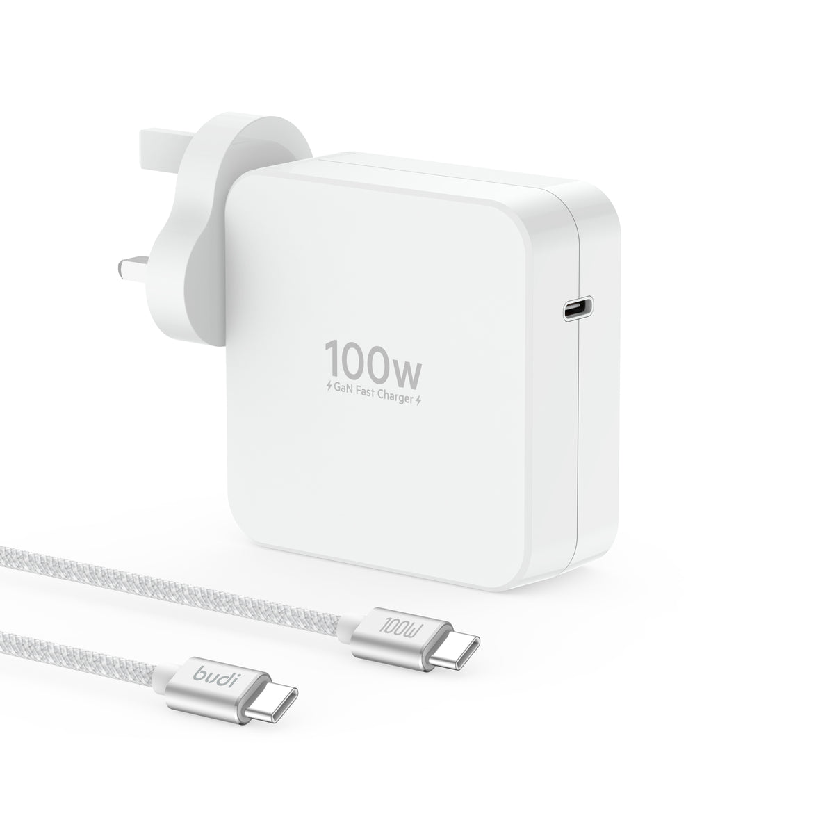 Budi 100W GaN USB-C Wall Charger UK Plug with 2M USB-C Cable Wall Charger FoneFunShop