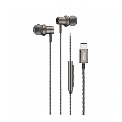 Budi EP79TB USB-C Metal Earphones True Sound with Mic 1.2M - angled left view