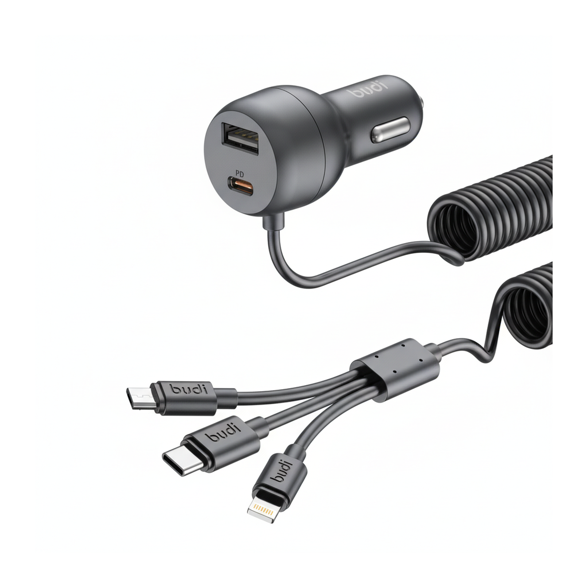 Budi 35W Car Charger with Spring Retractable 3 in 1 Cable PD 20W - angled left view