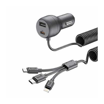 Budi 35W Car Charger with Spring Retractable 3 in 1 Cable PD 20W - angled left view