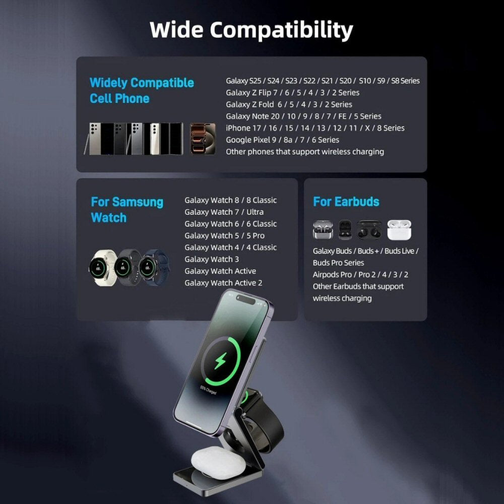 3in1 Thin Square Foldable Magnetic Wireless Charger for Phone Watch and Earphones Wireless Charger FoneFunShop