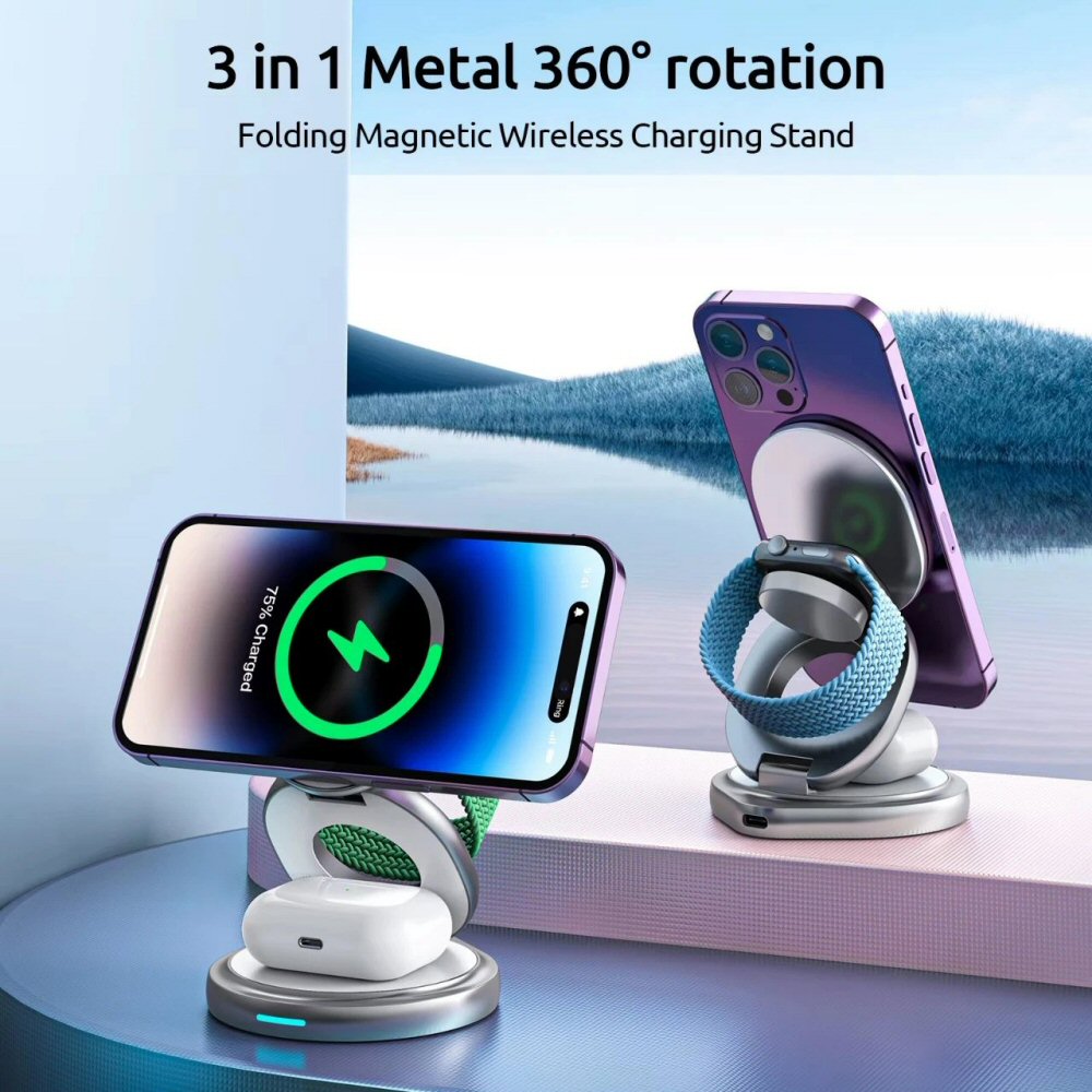 3in1 360 Round Foldable Magnetic Wireless Charger for Phone Watch and Earphones Wireless Charger FoneFunShop