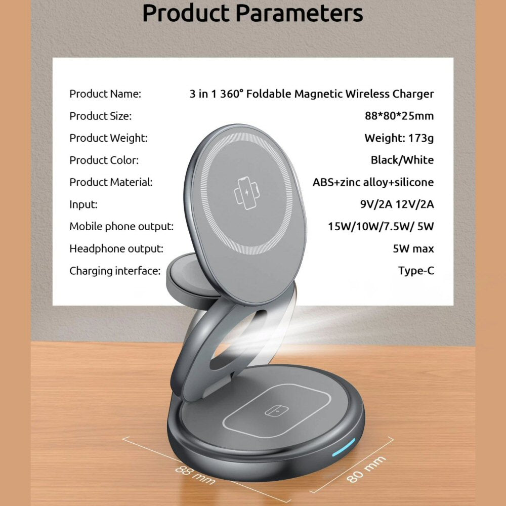 3in1 360 Round Foldable Magnetic Wireless Charger for Phone Watch and Earphones Wireless Charger FoneFunShop