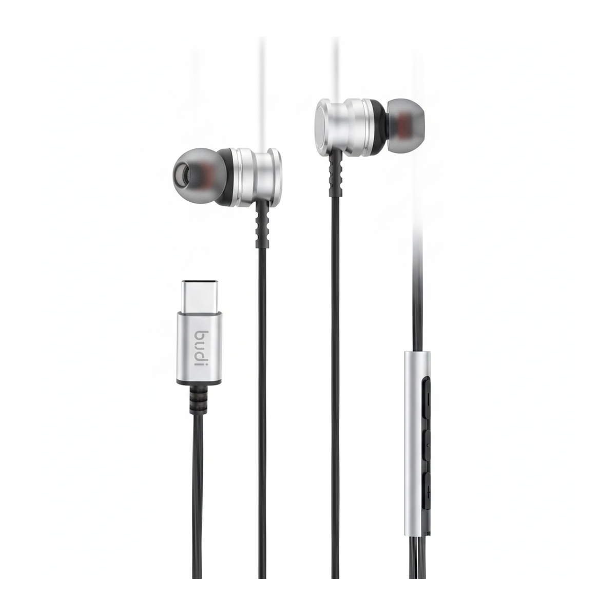 Budi EP78TB USB-C Metal Earphones True Sound with Mic 1.2M - angled left view