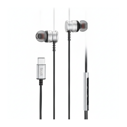 Budi EP78TB USB-C Metal Earphones True Sound with Mic 1.2M - angled left view