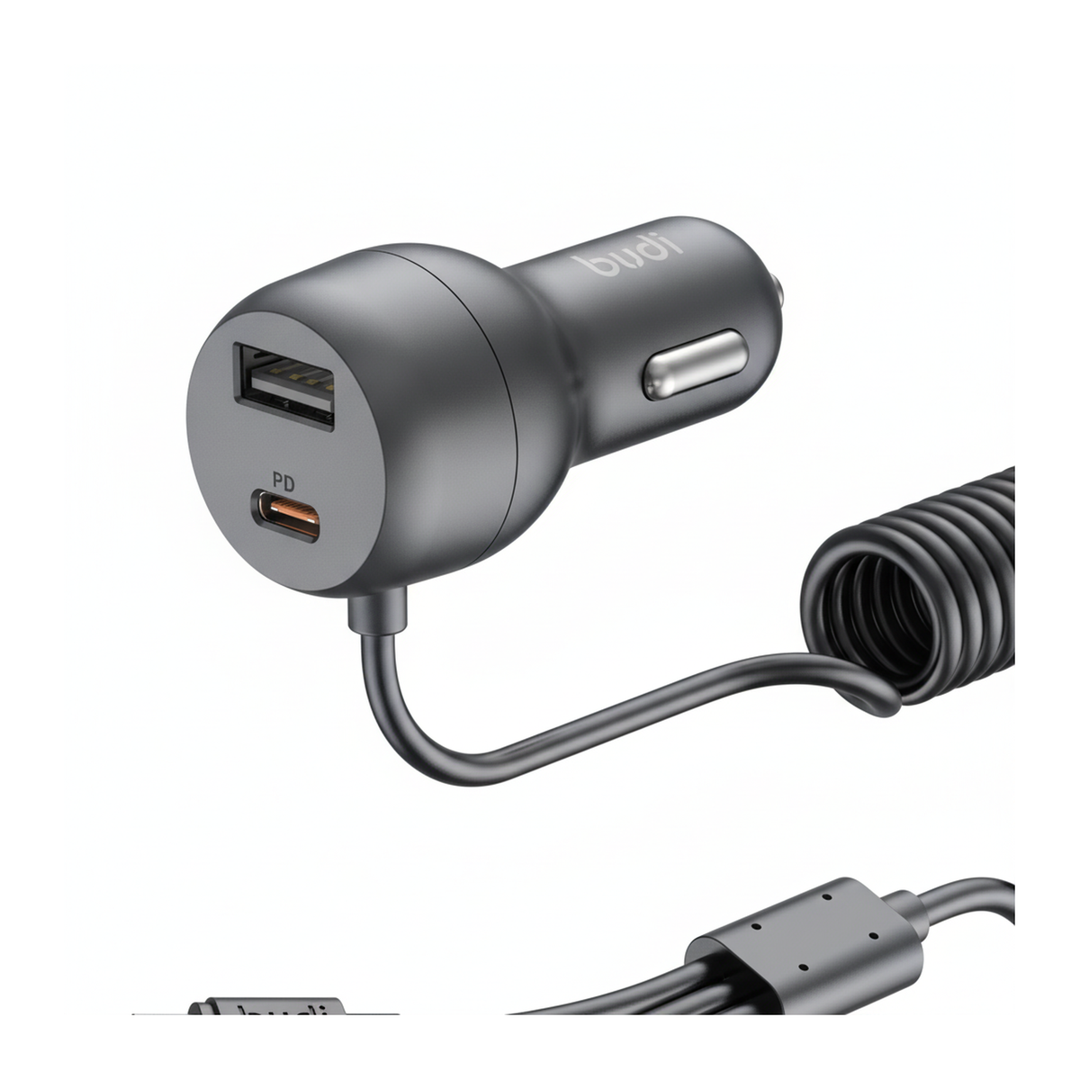 Budi 35W Car Charger with Spring Retractable 3 in 1 Cable PD 20W - close-up detail