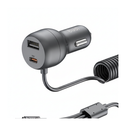 Budi 35W Car Charger with Spring Retractable 3 in 1 Cable PD 20W - close-up detail
