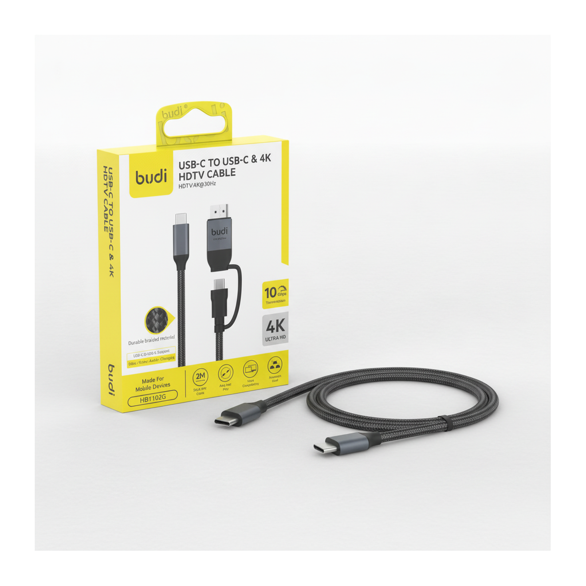 Budi USB-C to USB-C and 4K HDMI Cable 2M Braided 10Gbps 65W Charging - angled right view