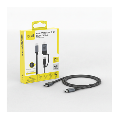 Budi USB-C to USB-C and 4K HDMI Cable 2M Braided 10Gbps 65W Charging - angled right view