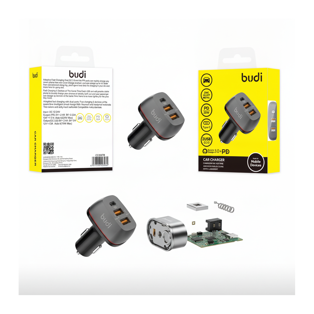 Budi Car Charger 3 Port 2 USB-A QC3.0 and USB-C PD 20W Zinc Alloy - top view
