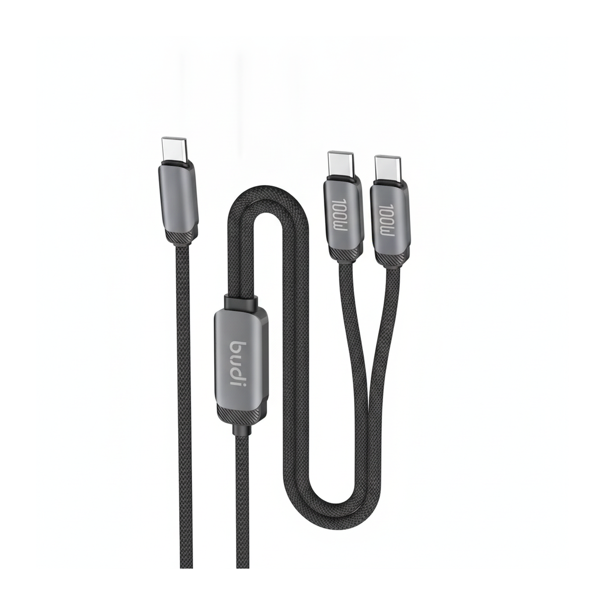 Budi 1.2M USB-C to Dual USB-C Cable 100W PD 2 in 1 Braided - angled left view