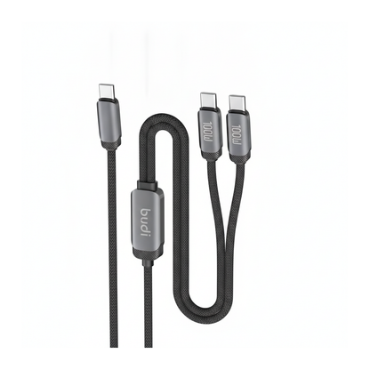 Budi 1.2M USB-C to Dual USB-C Cable 100W PD 2 in 1 Braided - angled left view