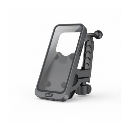 Budi Waterproof Motorbike and Bike Phone Holder IP65 Handlebar Mirror - angled right view
