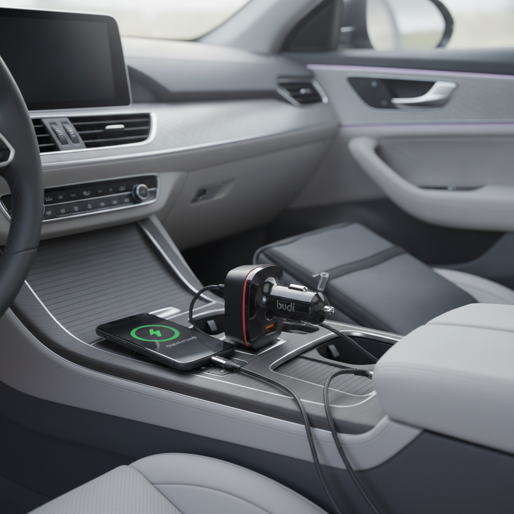 Budi 60W Car Charger 2 x USB-C PD and USB-A QC3.0 Triple Port - in use