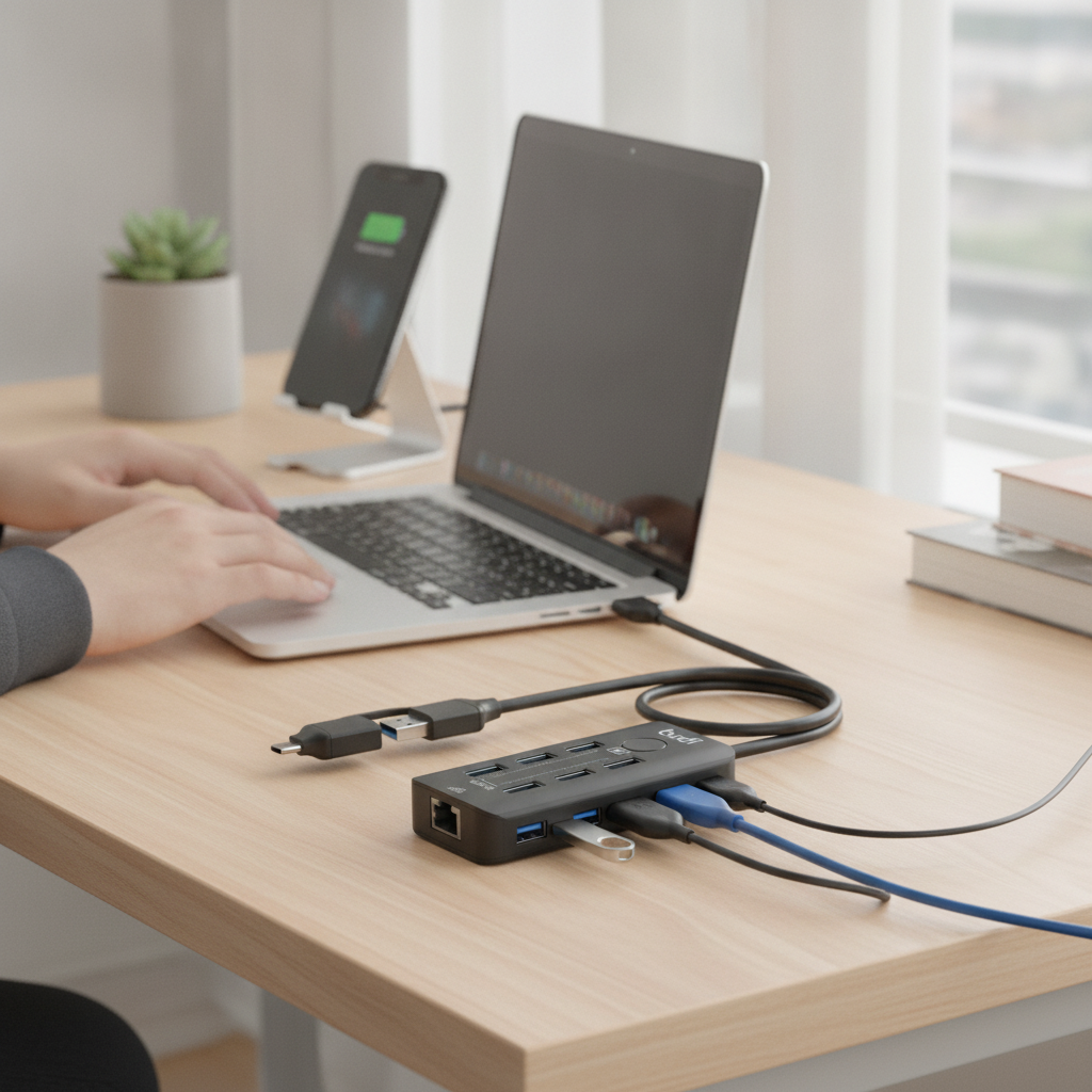 Budi 6-Port USB 3 Hub with Ethernet and Lock Button USB-C and USB-A - in use 2