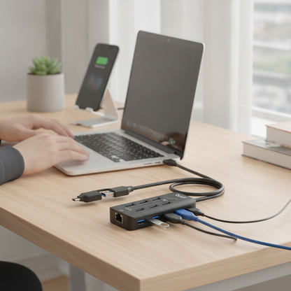 Budi 6-Port USB 3 Hub with Ethernet and Lock Button USB-C and USB-A - in use 2