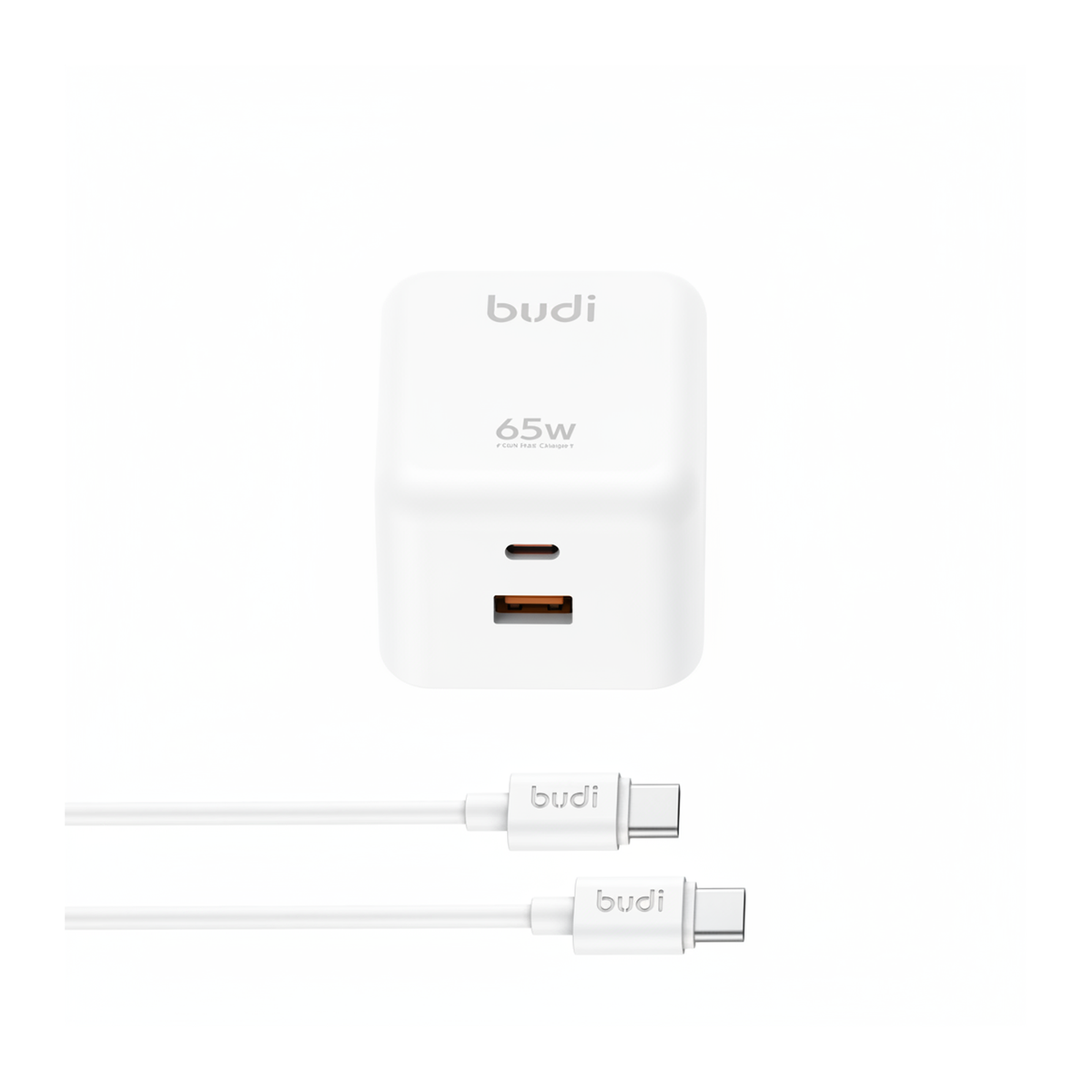 Budi 65W GaN Wall Charger USB-C PD and USB-A QC Dual Port UK Plug - front view