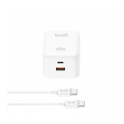 Budi 65W GaN Wall Charger USB-C PD and USB-A QC Dual Port UK Plug - front view