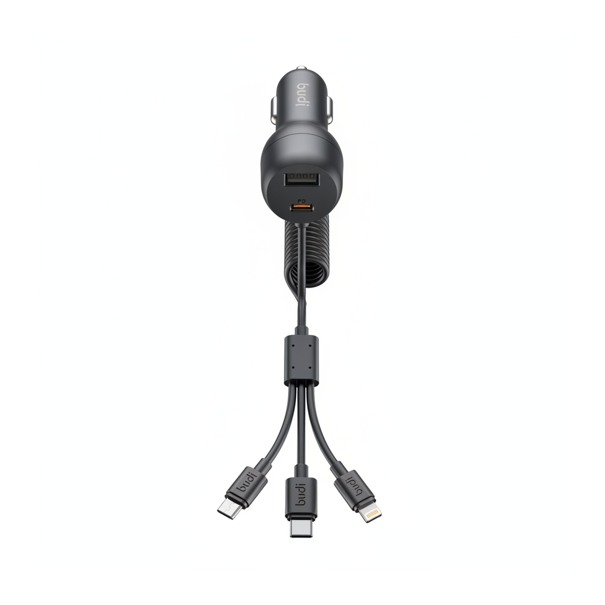 Budi 35W Car Charger with Spring Retractable 3 in 1 Cable PD 20W - front view