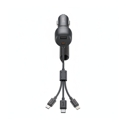Budi 35W Car Charger with Spring Retractable 3 in 1 Cable PD 20W - front view
