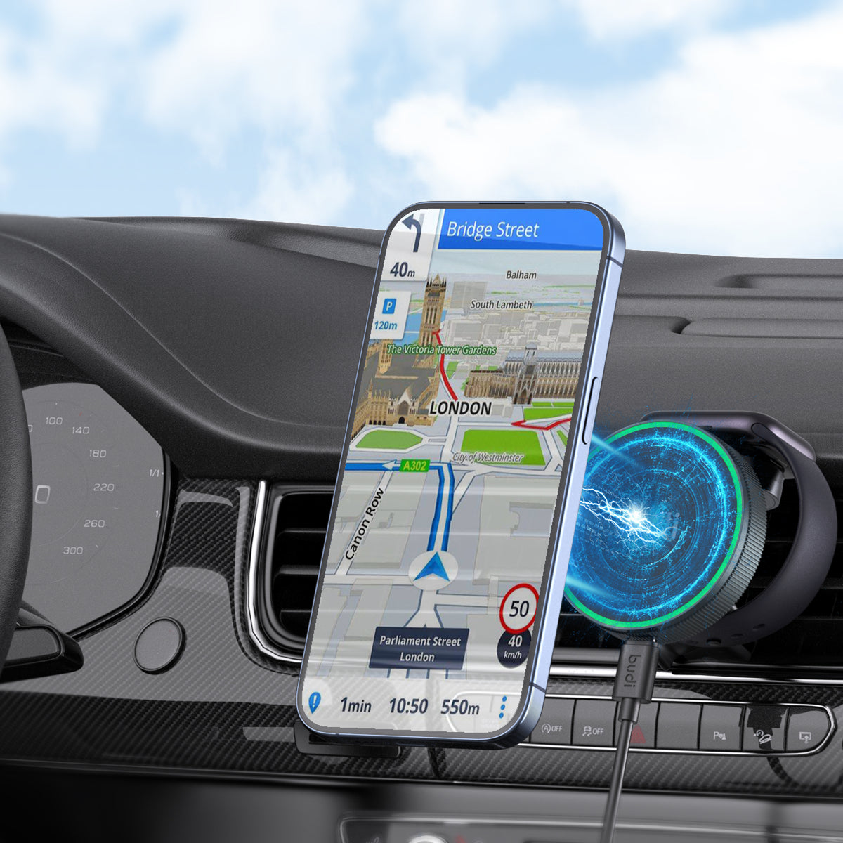 Budi 2 in 1 Magnetic Wireless Car Charger Mount 15W Phone and Watch Car Mount FoneFunShop