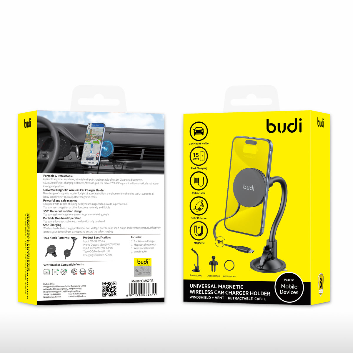 Budi Magnetic Wireless Car Charger Holder 15W Windscreen and Vent Car Mount FoneFunShop