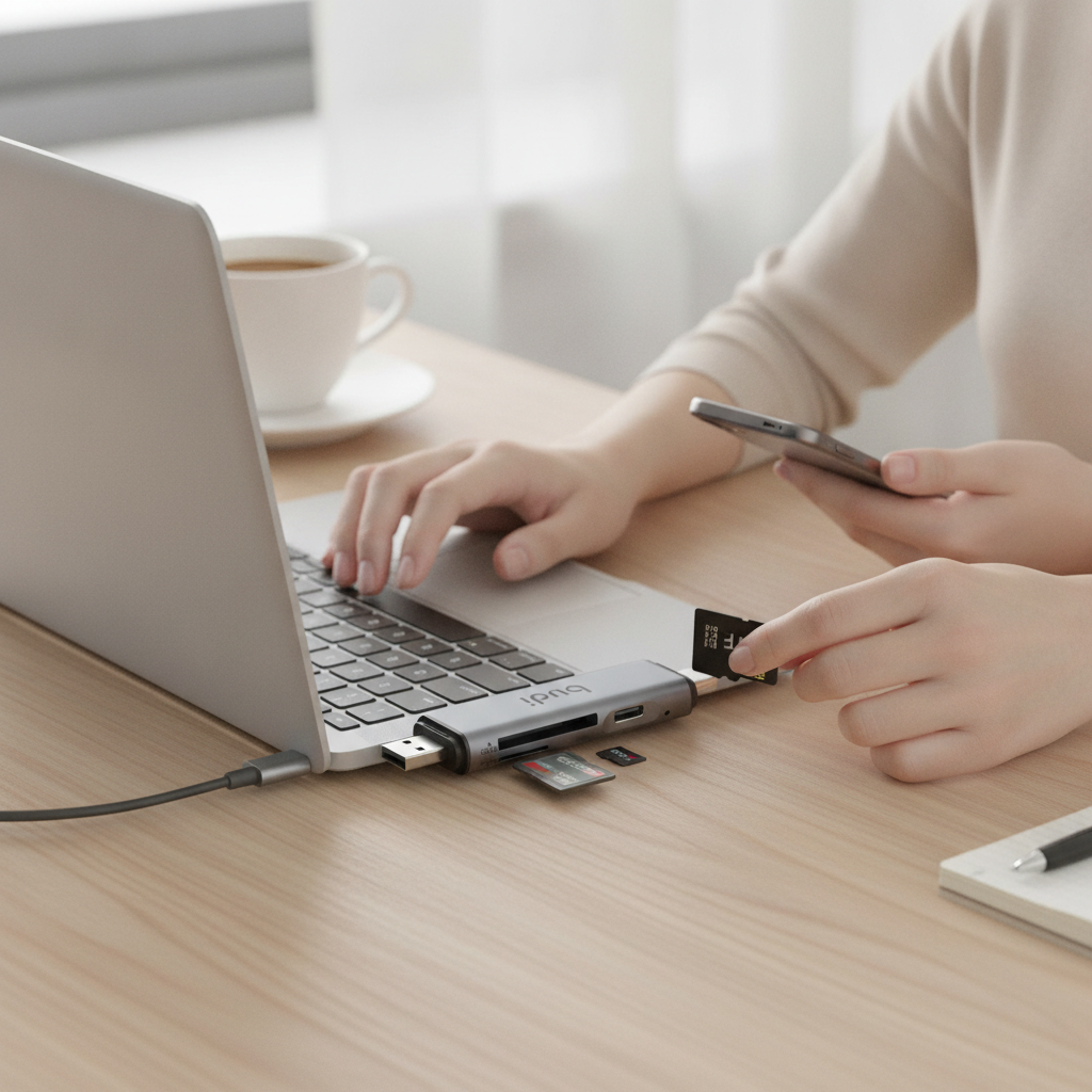 Budi USB-C and USB-A Card Reader with USB-C Hub SD TF 5Gbps - in use 2