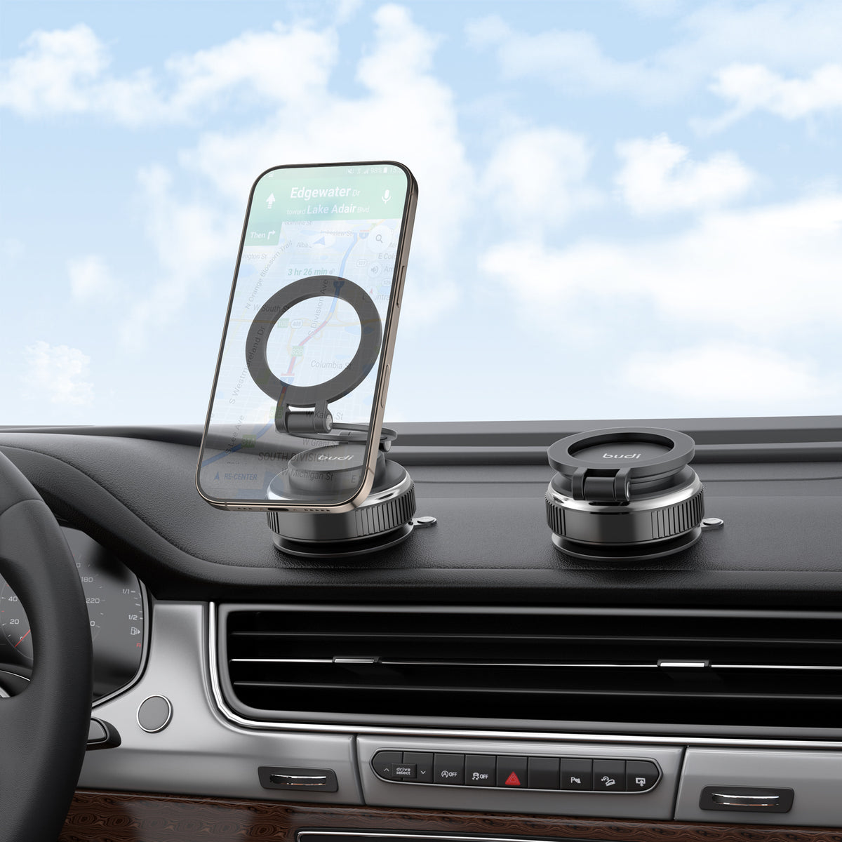 Budi Magnetic Car Phone Mount Foldable Suction Base 360 Rotation Car Mount FoneFunShop