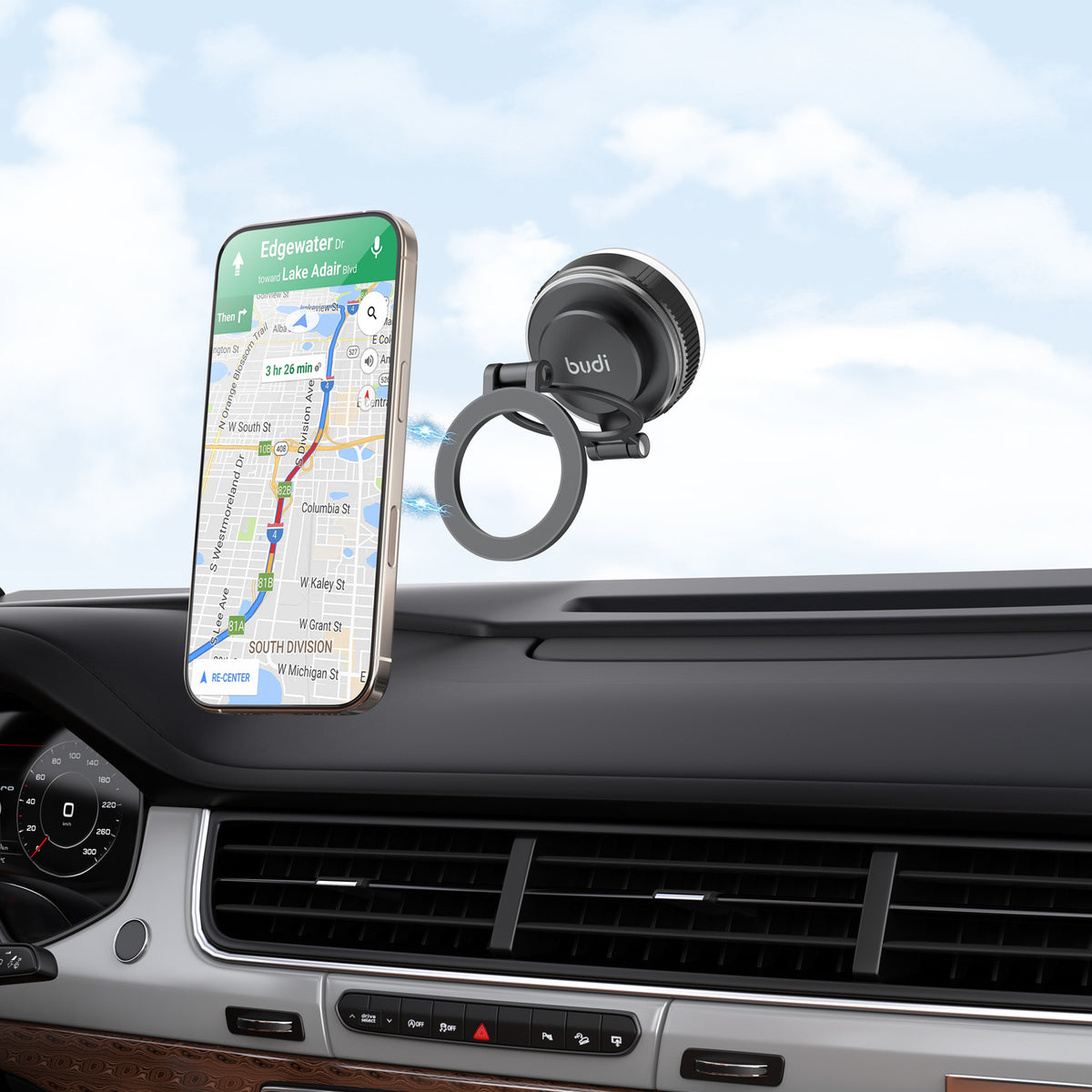 Budi Magnetic Car Phone Mount Foldable Suction Base 360 Rotation Car Mount FoneFunShop