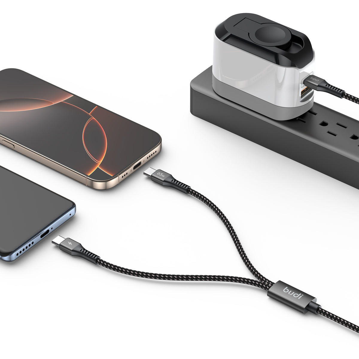 Budi 1.2M PD65W Super Fast Charge Cable Type C to Dual Type C Power Delivery Cable FoneFunShop