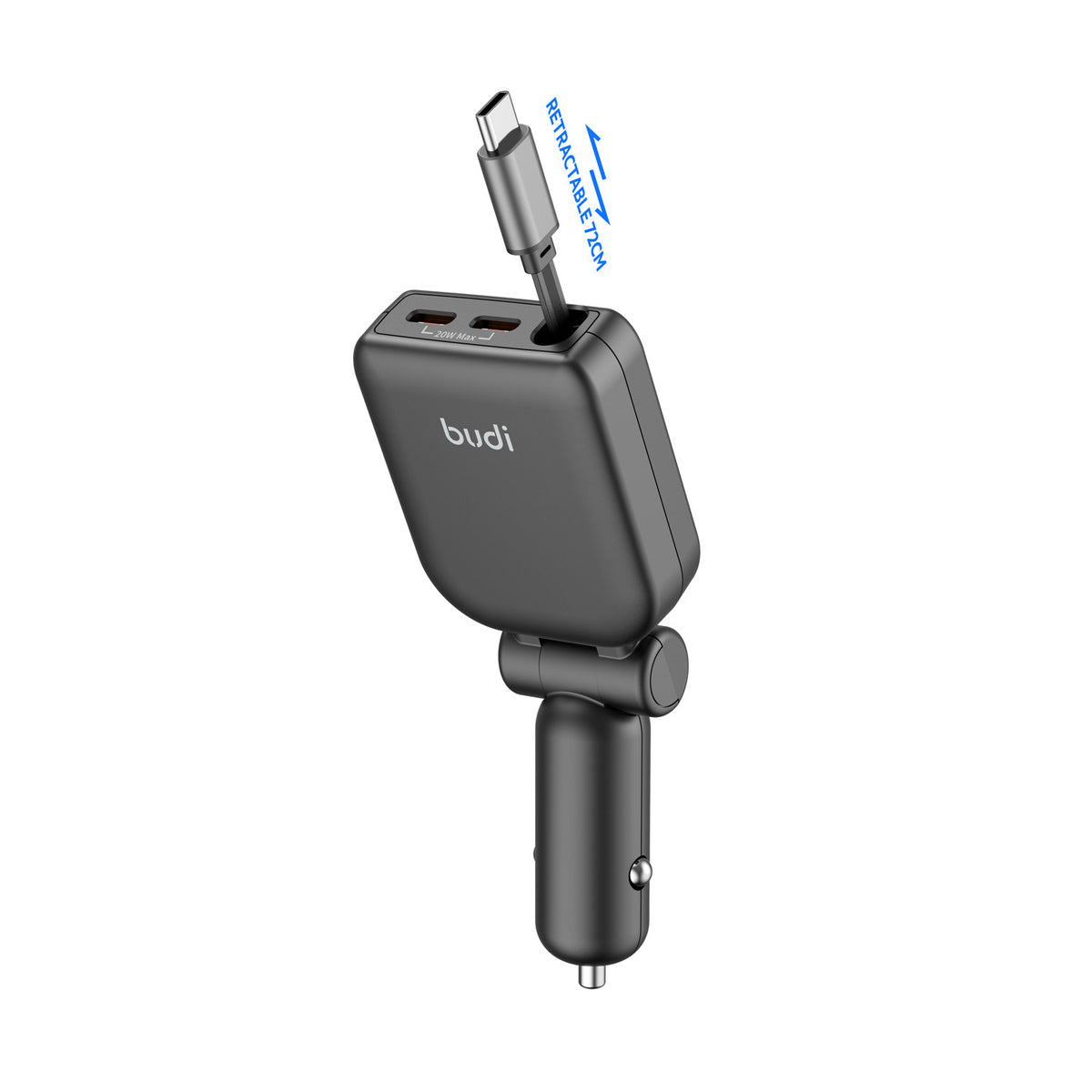 Budi 50W 3-Port Car Charger with 72cm Retractable USB-C Cable Car Charger FoneFunShop