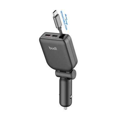 Budi 50W 3-Port Car Charger with 72cm Retractable USB-C Cable Car Charger FoneFunShop