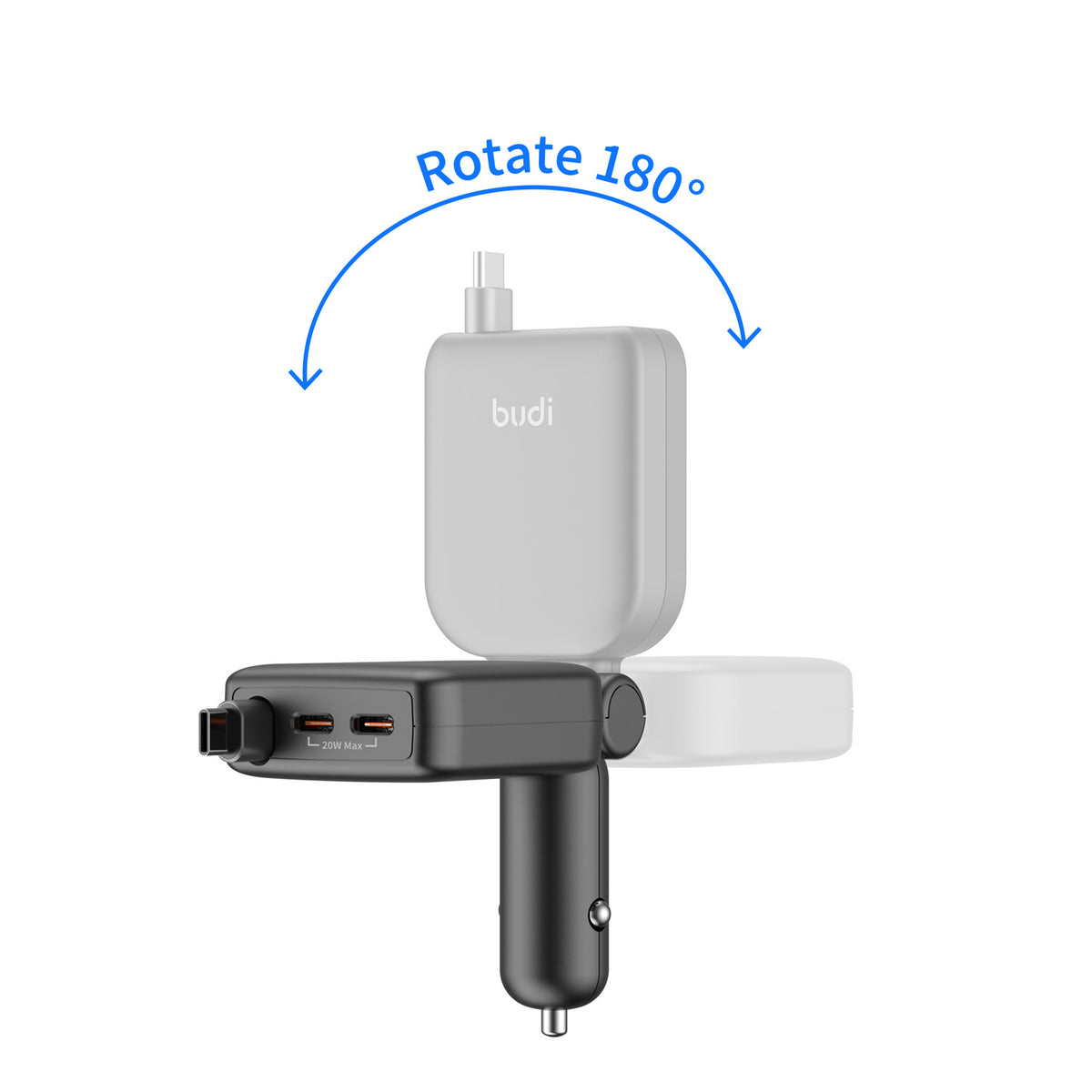 Budi 50W 3-Port Car Charger with 72cm Retractable USB-C Cable Car Charger FoneFunShop