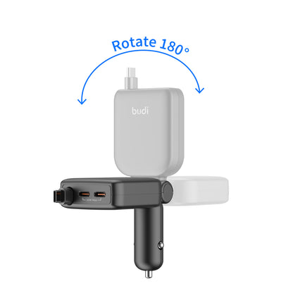Budi 50W 3-Port Car Charger with 72cm Retractable USB-C Cable Car Charger FoneFunShop