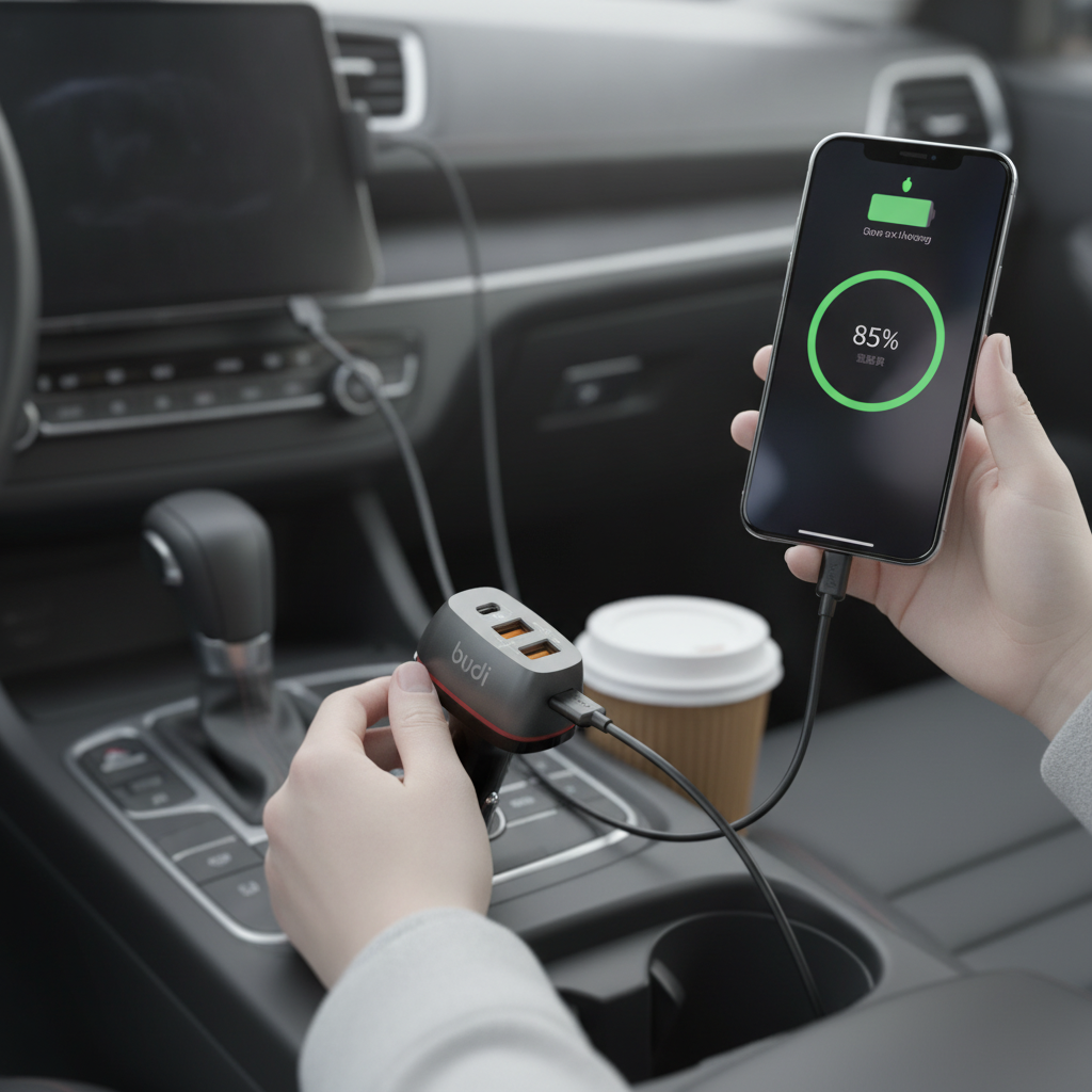 Budi Car Charger 3 Port 2 USB-A QC3.0 and USB-C PD 20W Zinc Alloy - in use 2