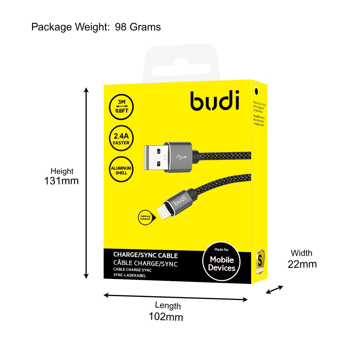 Budi USB-A To 8Pin Cable For iPhone 3M Black Cable Budi