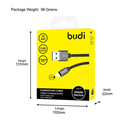 Budi USB-A To 8Pin Cable For iPhone 3M Black Cable Budi