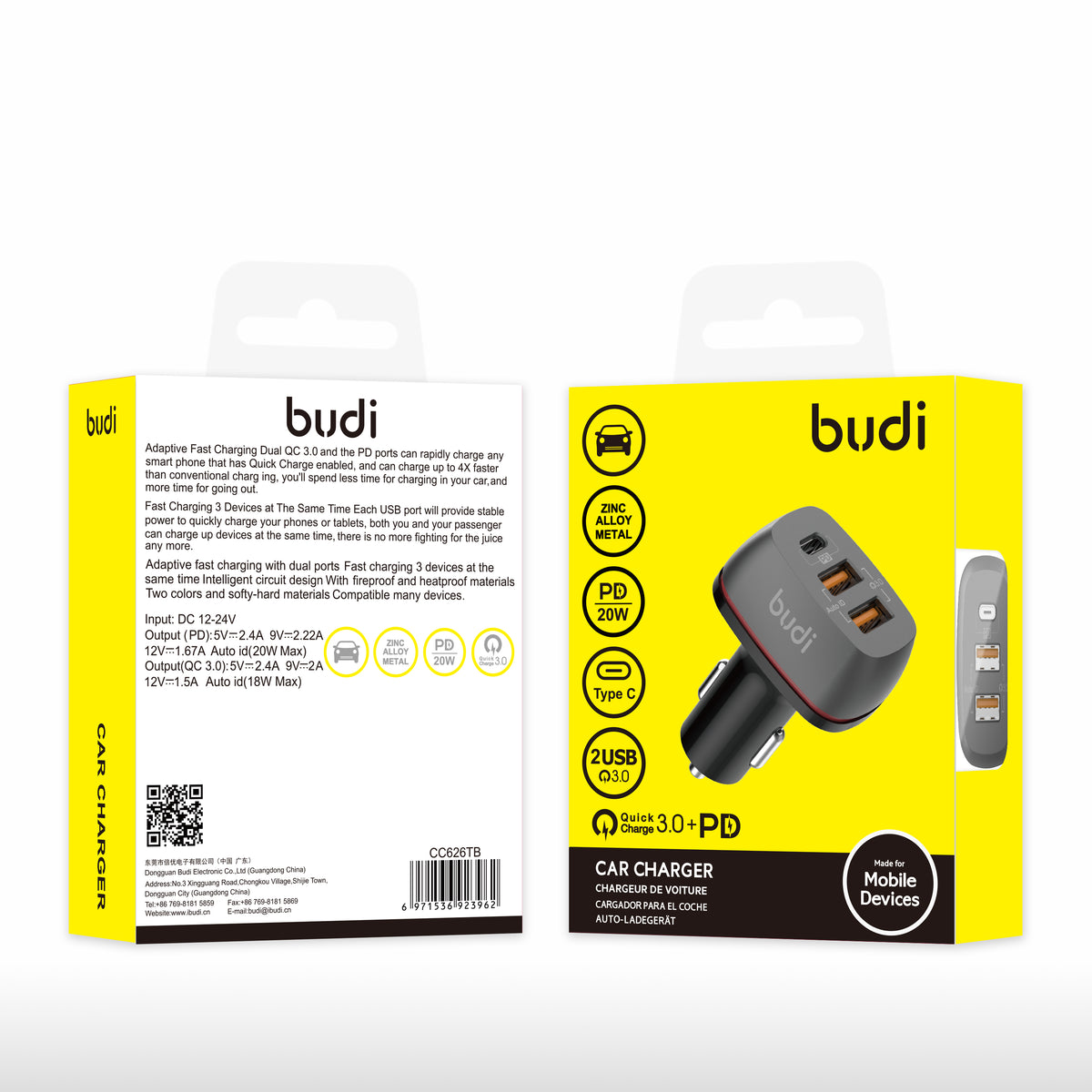 Budi Car Charger 3 Port 2 USB-A QC3.0 and USB-C PD 20W Zinc Alloy Car Charger FoneFunShop