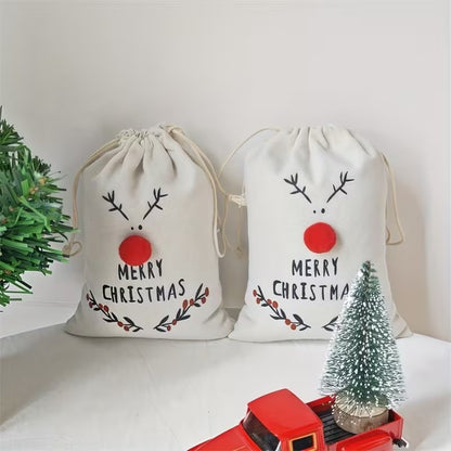 Christmas Reindeer Drawstring Gift Bags 3D Treat Canvas Party Pouches - Pack of 5 Christmas FoneFunShop