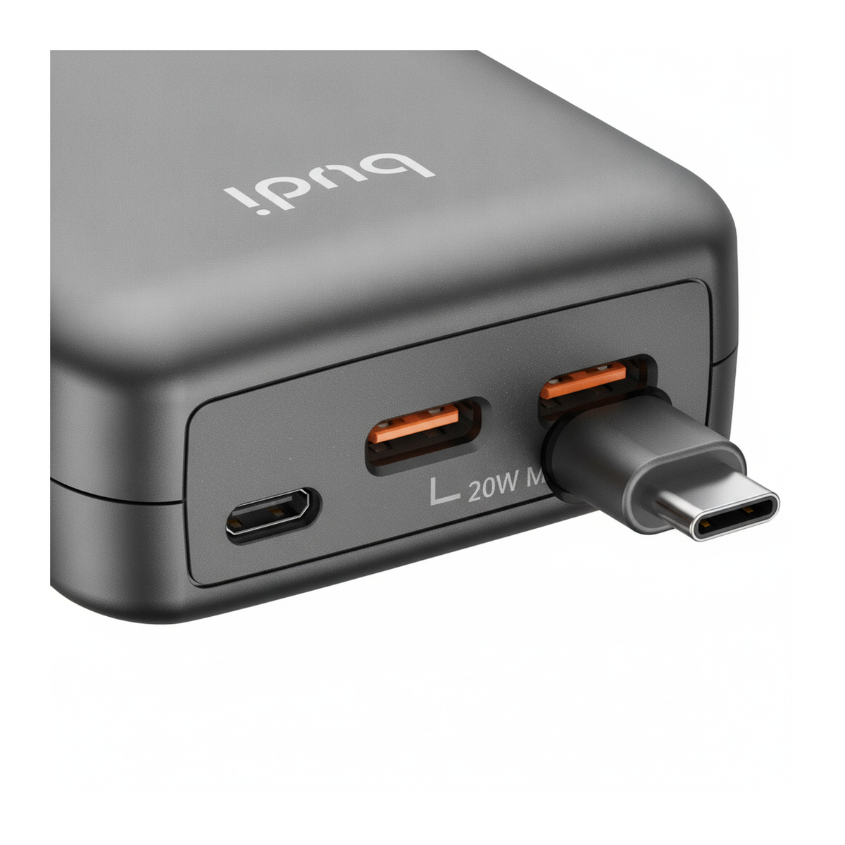 Budi 50W 3-Port Car Charger with 72cm Retractable USB-C Cable - close-up detail