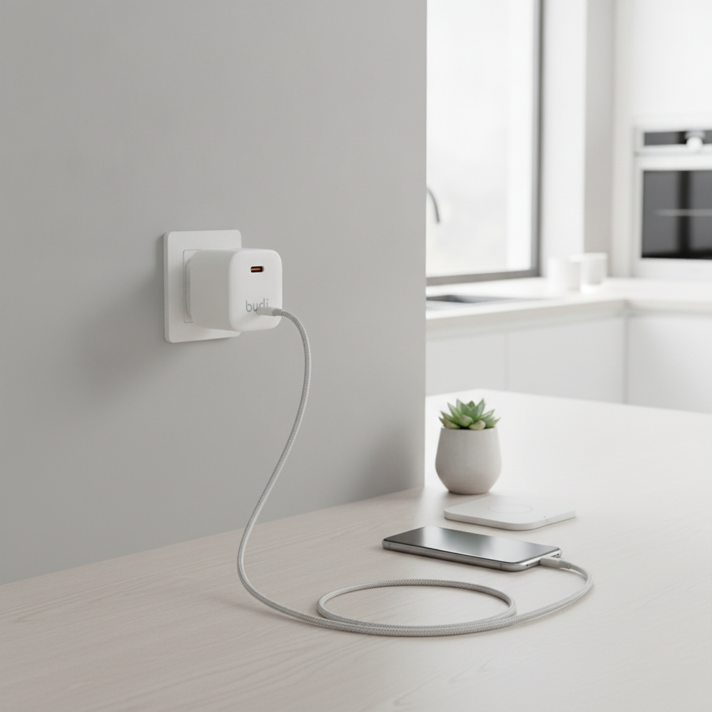 Budi 67W GaN USB-C Compact Wall Charger UK Plug PD Fast Charging - in use