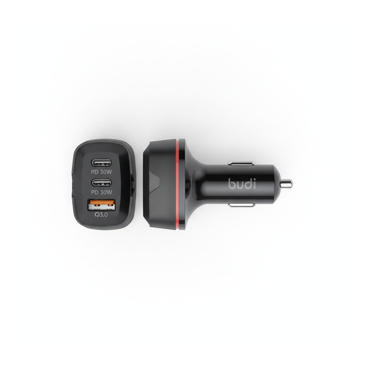 Budi 60W Car Charger 2 x USB-C PD and USB-A QC3.0 Triple Port - top view